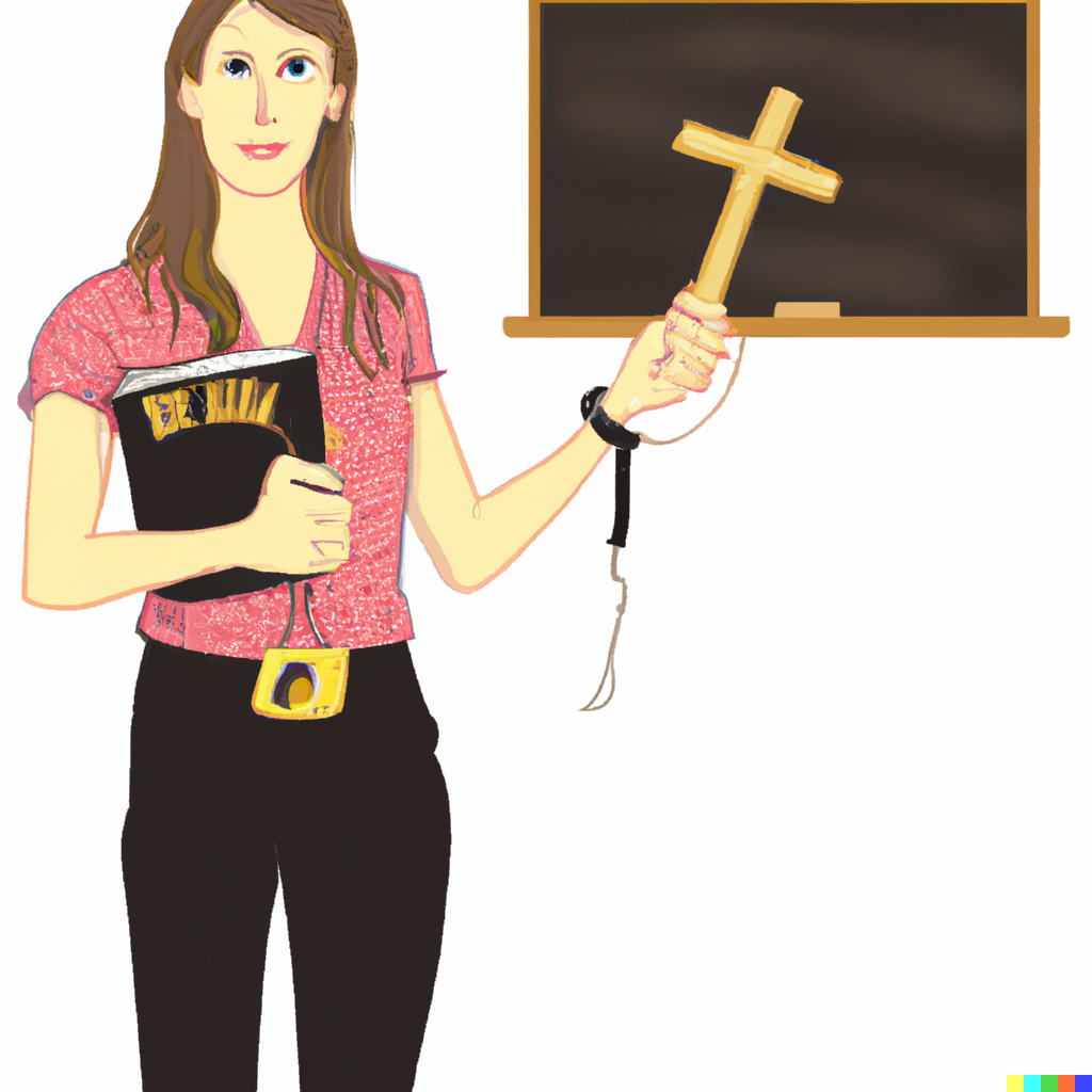 a young woman teaching a university class wearing a cross and holding a bible as a cartoon