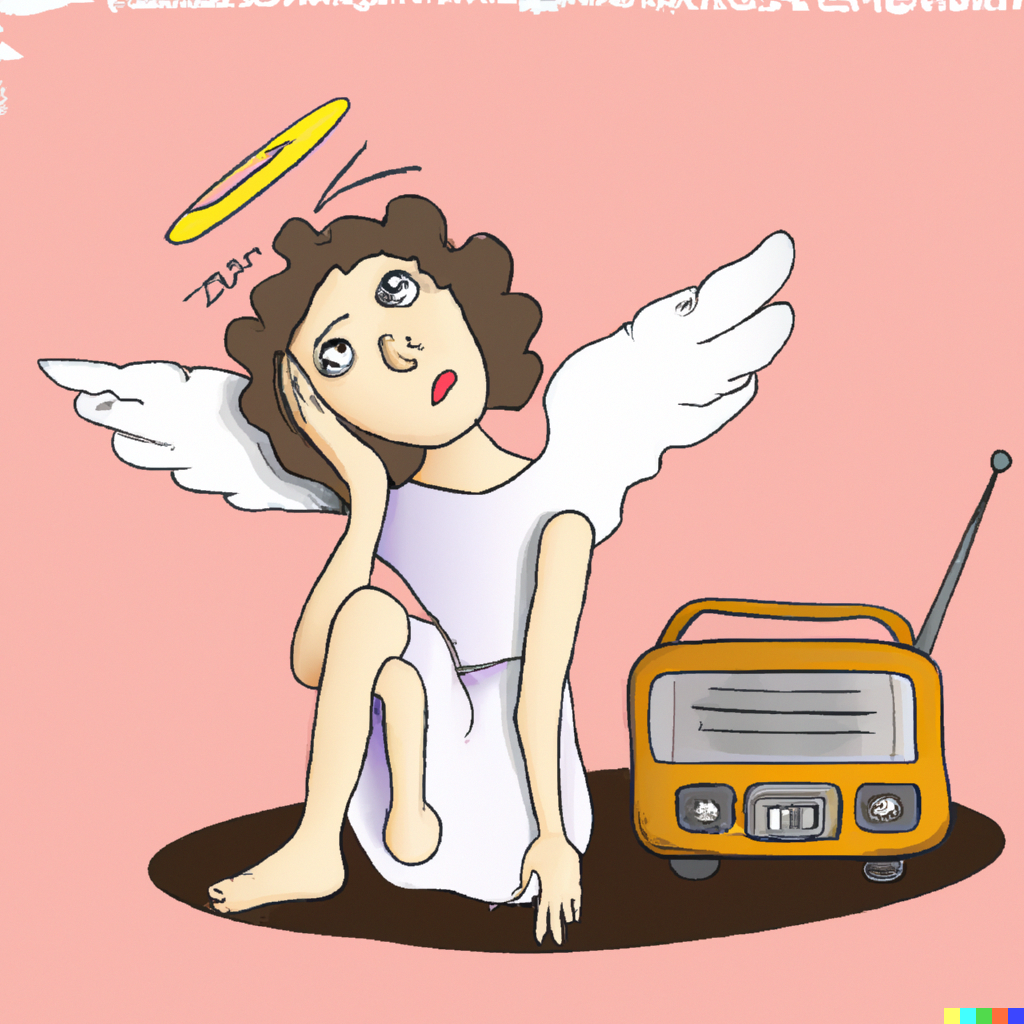 an angel listening confused to a radio