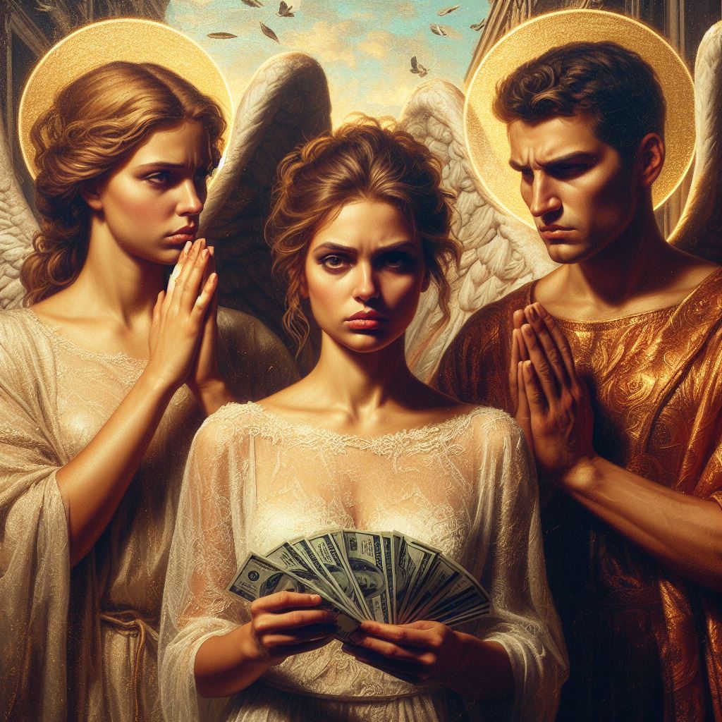 Two angels (one female, one male) looking sternly at a woman with a cash of money in front of them.