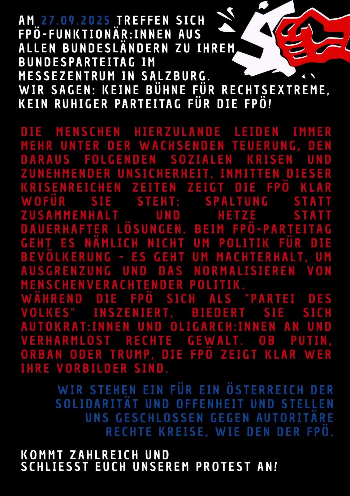 Ankündigungstext  für Proteste gegen FPÖ Bundesparteitag in Salzburg