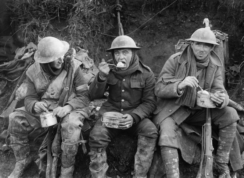  British soldiers eating hot rations in the Ancre Valley during the Battle of the Somme, October 1916